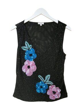 Cache Sequin Floral Tank Top Beaded Silk Sheer Black Y2K Resort Size L
